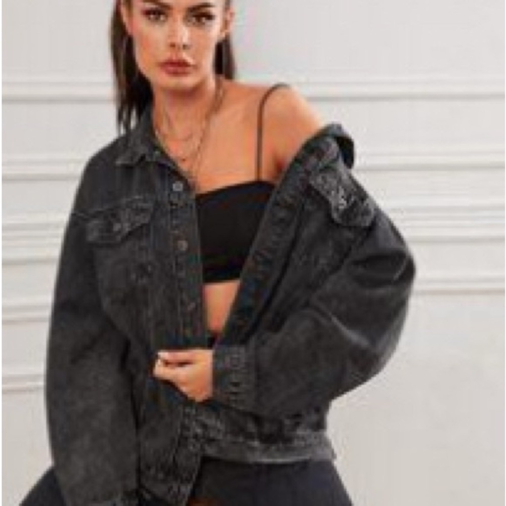 SHEIN Black Oversized Jean Jacket with Distressed Look